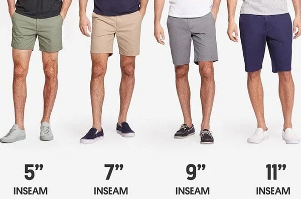 Four men standing side by side wearing shorts of different inseam lengths.