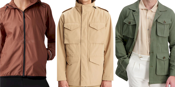 Three jackets displayed side by side: a rust brown zip-up jacket with a hood, a beige military-style jacket with multiple front pockets and epaulets, and an olive green field jacket with four front flap pockets, worn over light-colored shirts.