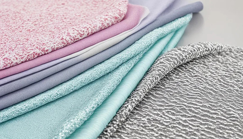A neatly stacked assortment of fabric swatches in various colors and textures