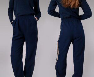 Front and back view of navy jogger pants with elastic waistband and side stripes, modeled for casual and activewear use