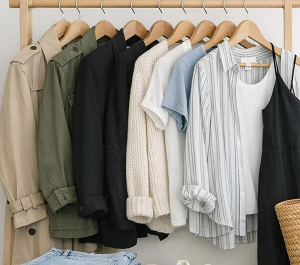 Neutral wardrobe essentials on hangers including trench coat, jackets, knitwear, tees, striped shirt, and camisole.