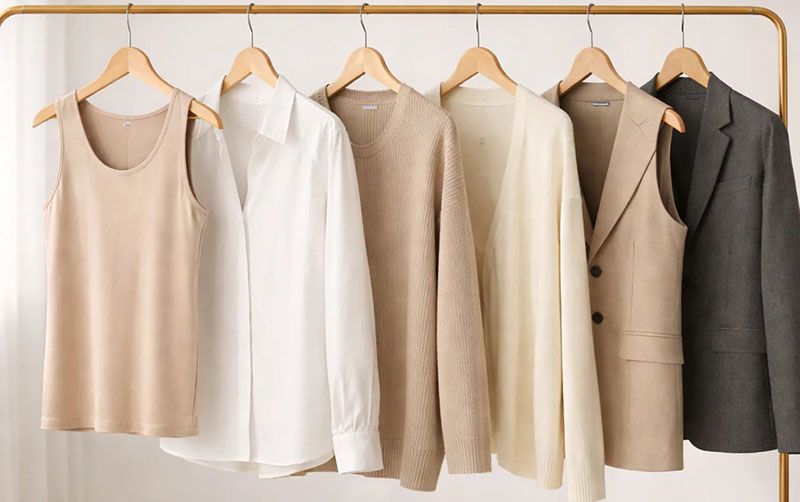 Rack displaying six neutral-toned clothing pieces including a tank top, white shirt, two sweaters, a beige vest, and a gray blazer.