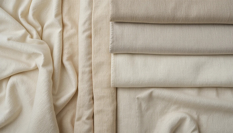 A selection of folded and draped neutral-colored fabrics in shades of beige and cream, showing texture and material quality.