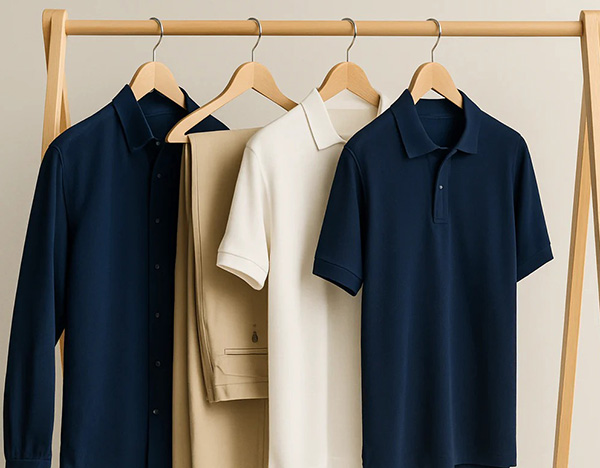 Clothing rack with navy shirt, beige trousers, cream polo, and navy polo.