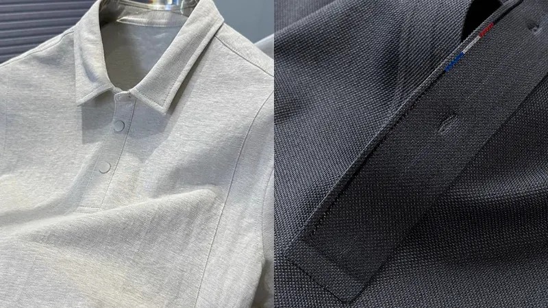 Split view of light gray and dark charcoal polo shirts showing collar and placket fabric details.