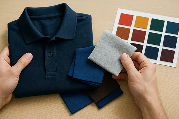 Hands holding navy polo shirt with fabric swatches and color sample chart.