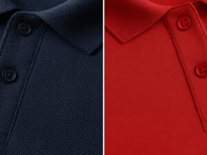 Detailed close-up of navy and red polo shirt collars with buttons.