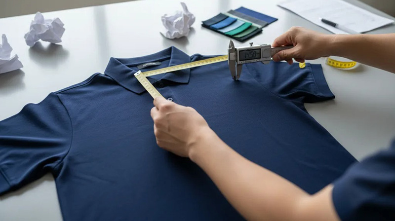 Hands measuring a navy polo shirt with tools during garment inspection.