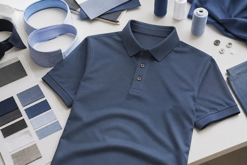 Blue polo shirt laid flat on a table surrounded by fabric swatches, collar samples, buttons, and spools of thread for garment design.
