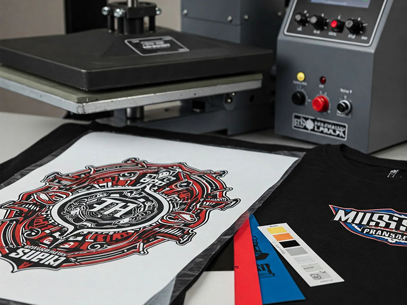 machine applying custom graphic transfer onto black fabric garment