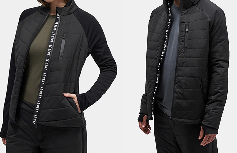 Two models wearing black quilted jackets with zip fronts and sporty layered styling.