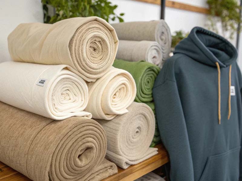 Stacks of rolled neutral and green fabrics on a table next to a dark green hooded sweatshirt.