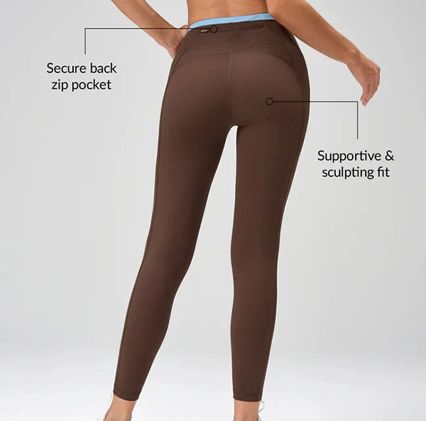 Woman wearing brown high-waist leggings showing back view, highlighting secure back zip pocket and supportive, sculpting fit.