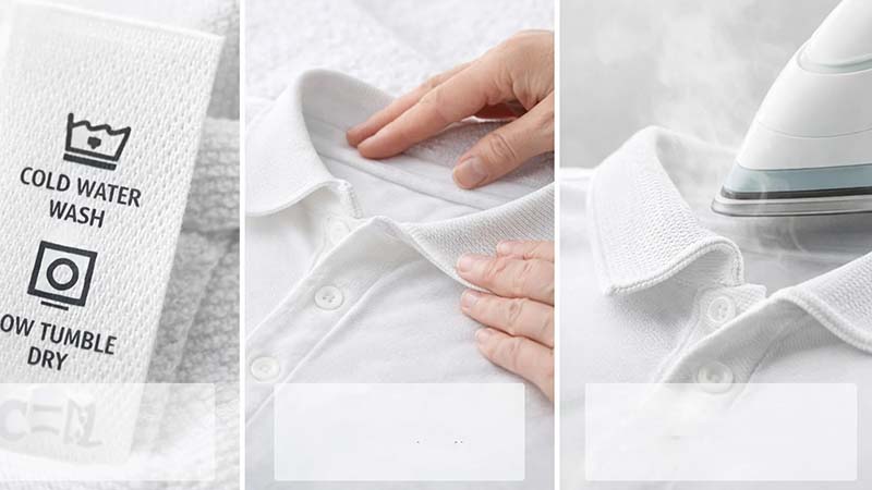 Collage showing a clothing label with cold water wash instructions, hands smoothing a white polo shirt, and an iron steaming the shirt collar.