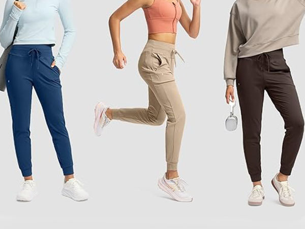 Women wearing stylish jogger pants in blue, beige, and black casual activewear outfits