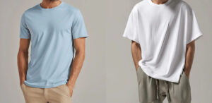 Men wearing fitted blue t-shirt and oversized white casual t-shirt styles