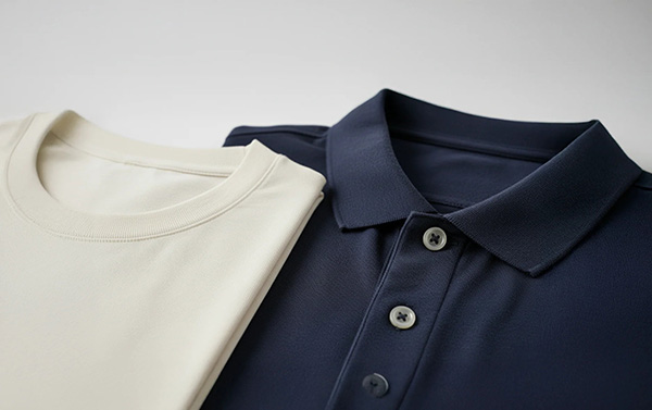 Cream crewneck T-shirt and navy polo shirt placed side by side.