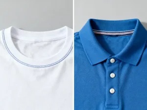 Side-by-side close-up of white crewneck T-shirt and blue polo shirt collars.