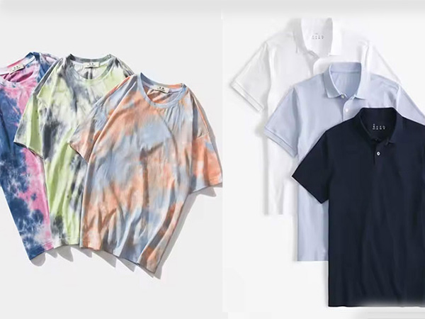 Tie-dye T-shirts and classic polo shirts displayed together in a side-by-side apparel collage.
