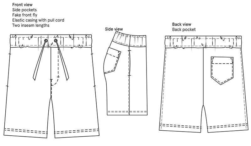 Technical flat sketches of a pair of shorts shown in three views: front, side, and back. Front view includes side pockets, a fake front fly, and an elastic waistband with a pull cord.