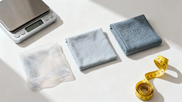 Fabric swatches, scale, and measuring tape arranged for textile testing and quality control.