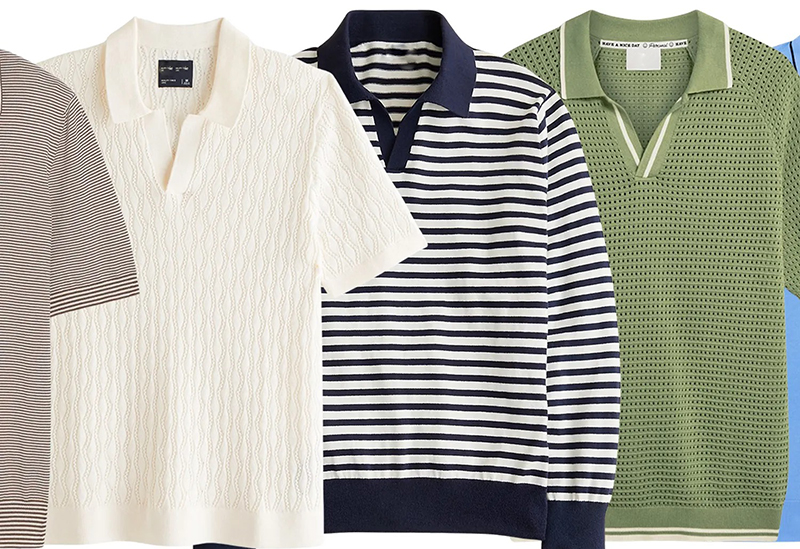 Four knit polo shirts featuring striped, cable, and textured patterns in cream, navy, and sage green.