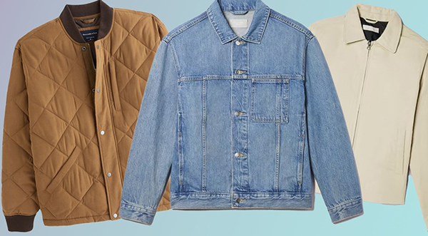 Three jackets displayed against a gradient background. From left to right: a brown quilted jacket with snap buttons, a light blue denim jacket with a button front, and a cream zip-up jacket with a collar.
