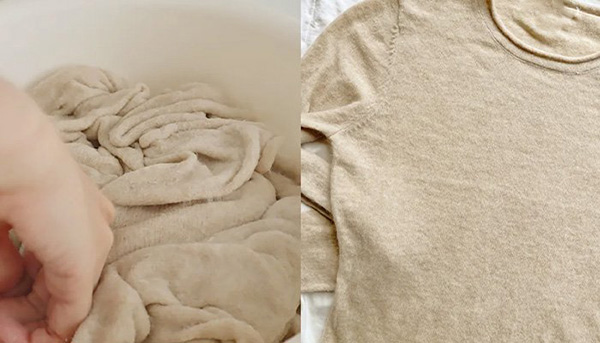 Side-by-side image showing a hand washing a beige sweater in a basin on the left, and the same sweater neatly folded and dry on the right.