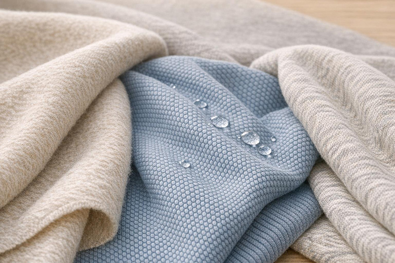 A close-up of fabric samples showing a beige textile surrounding a blue textile with water droplets on it, demonstrating water-repellent properties.