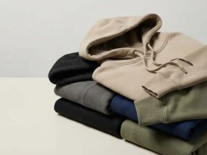 Stack of folded hooded sweatshirts in neutral colors including beige, black, gray, navy, and olive green on a plain surface.