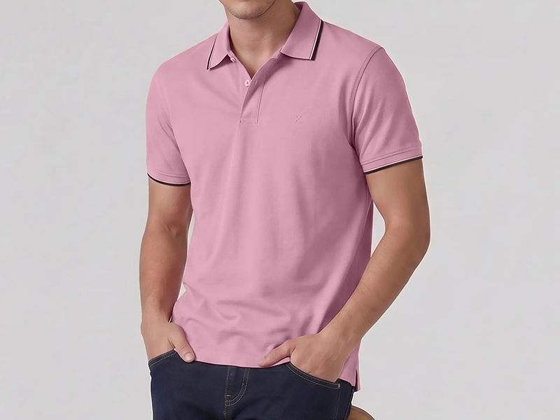 Men's pink short sleeve polo shirt with contrast trim collar and modern casual fit for smart everyday wear