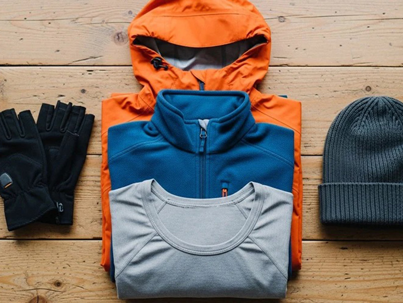 Outdoor clothing set with orange shell jacket, blue fleece, gray base layer, gloves, and knit beanie.