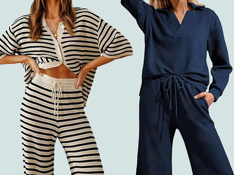 Two women wearing lounge sets in striped cream and black, and textured navy knit.