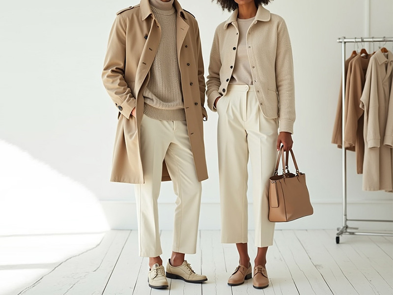 Two models wearing beige and cream tailored coats and pants, standing in a bright room with clothing rack in background.