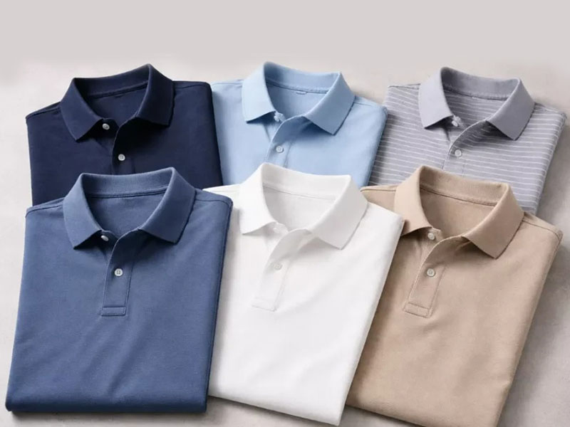 Six neatly folded polo shirts in navy, light blue, gray striped, medium blue, white, and beige arranged in two rows.