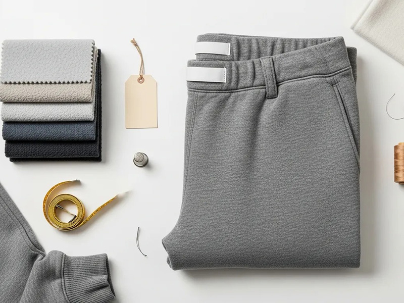 Folded gray knit trousers displayed with fabric swatches, measuring tape, and sewing tools.