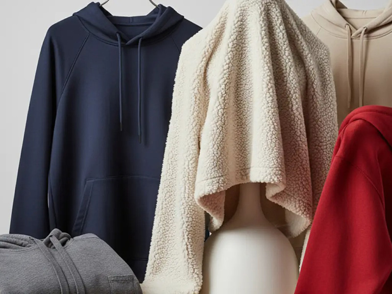 Hoodies and fleece layers in navy, cream, beige, red, and gray displayed together.