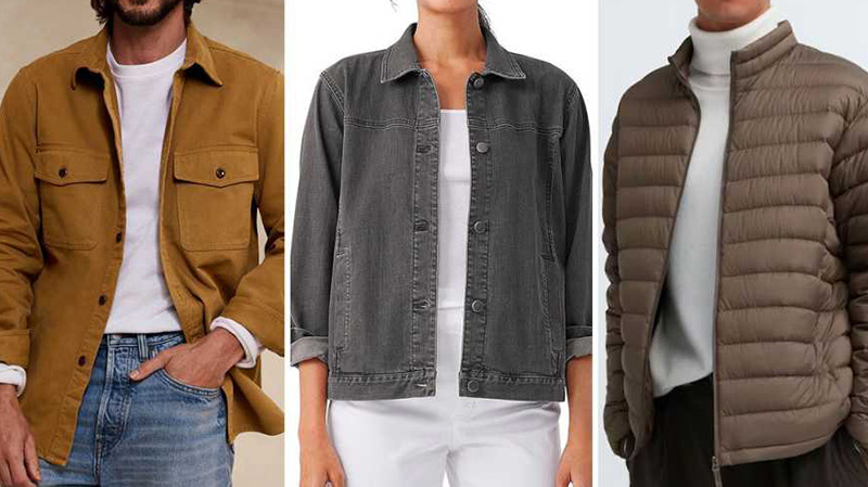 Three layered jacket styles including mustard overshirt, gray denim jacket, and taupe puffer.
