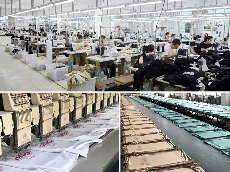 Collage of three images showing garment factory production.