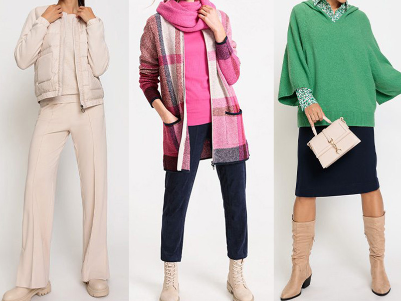 Three women wearing layered outfits in cream, pink plaid, and green knit styles.