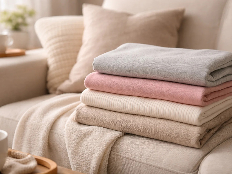 A cozy stack of folded blankets in soft neutral tones—gray, pink, cream, and beige—placed on a beige sofa with matching cushions and a textured throw.