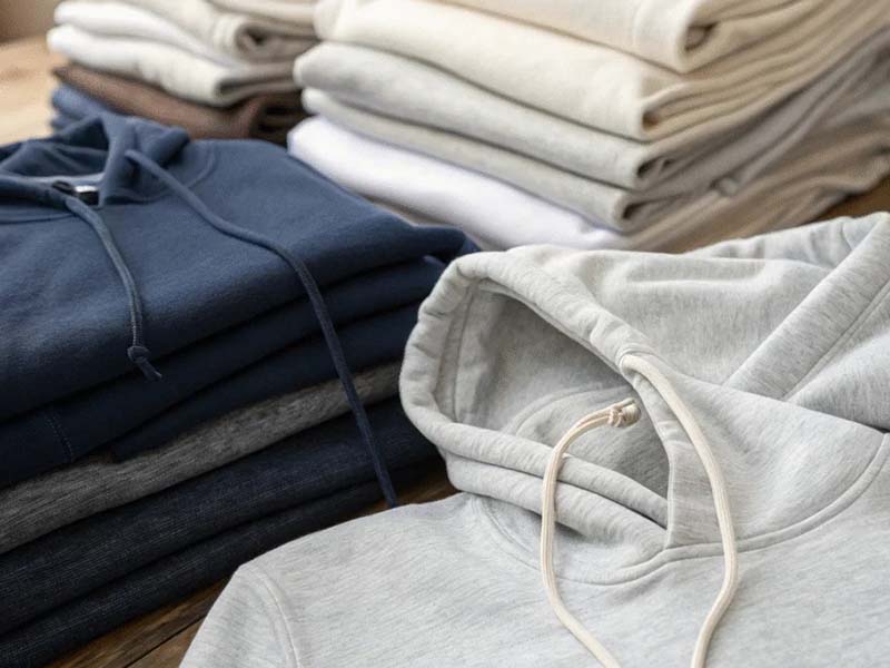 Stacks of folded hooded sweatshirts in gray, navy, and dark tones on a wooden surface.