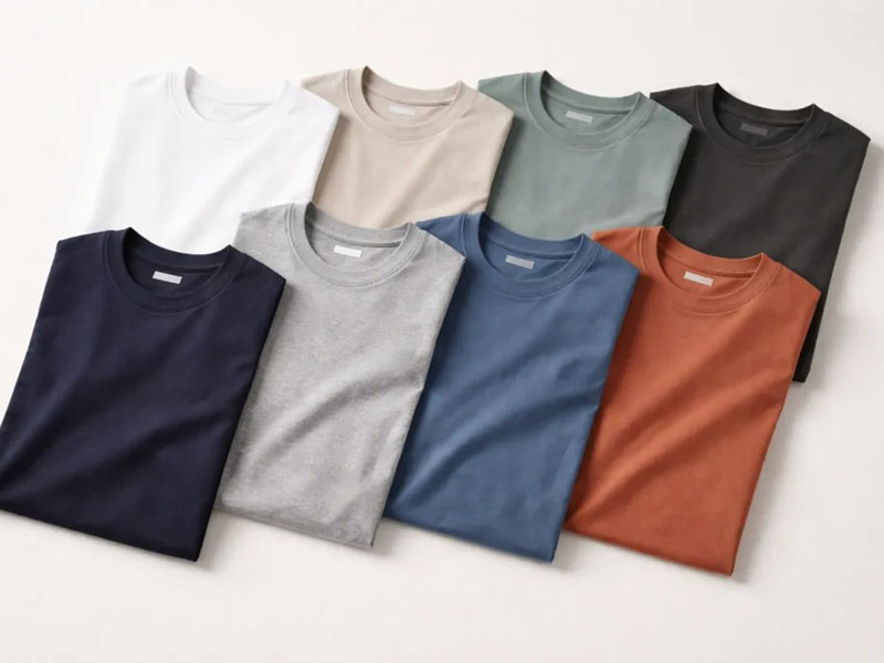 Eight folded crewneck T-shirts in white, beige, sage, black, navy, gray, blue, and rust.