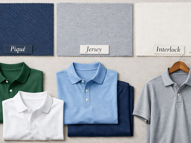 Three fabric swatches labeled "Piqué," "Jersey," and "Interlock" arranged horizontally at the top. Below each swatch is a folded polo shirt made from the corresponding fabric