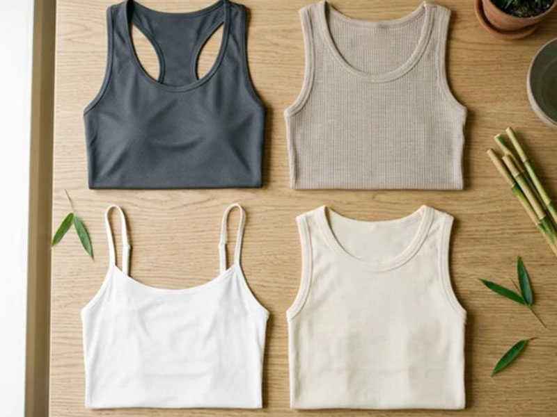 Four different styles of women's tank tops displayed on a wooden surface with greenery.