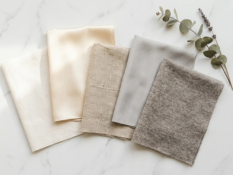 Assorted neutral fabric swatches displayed on marble surface with natural texture samples