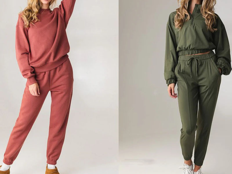Two women modeling matching lounge sets in rust and olive green tones.
