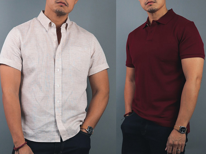 Men modeling short-sleeve shirts in light beige button-up and burgundy polo styles.