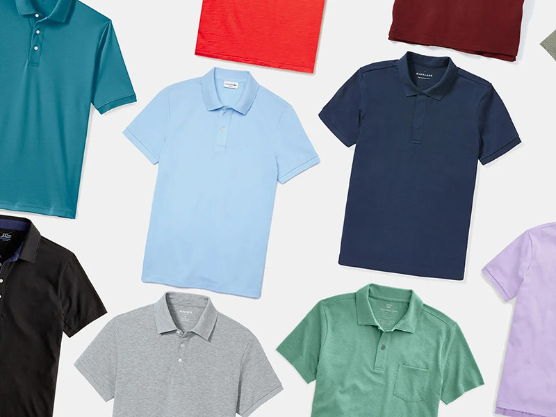 Men’s short-sleeve polo shirts in assorted colors arranged in a product collage.