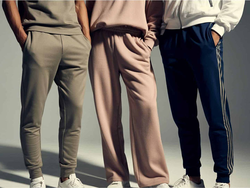 Three people wearing sweatpants in taupe, blush, and navy sporty lounge styles.